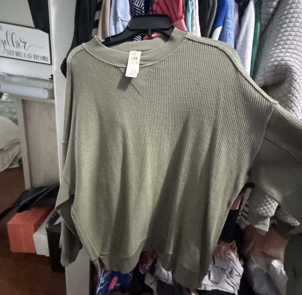Aerie Big Chill Textured Crewneck Sweater Olive Green